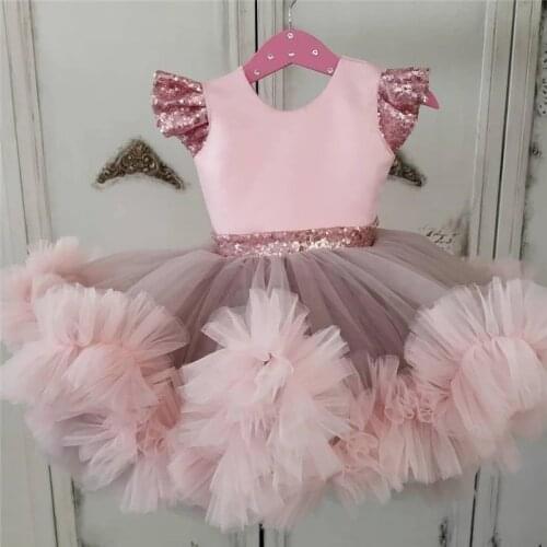 Pink Baby Girls Dresses Knee Length Puffy Toddler Infant Birthday Gowns Tutu Flower Girl Dresses With Sequin Bows