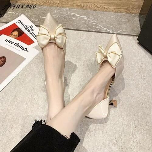 Sweet Butterfly-Knot Single Shoes Thin Heels Women Pumps French Style Small Fresh High Heels Pointed Toe Mid Hollow Work Shoes