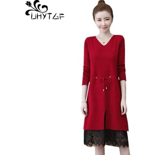 UHYTGF Beach dress women fashion lace fake two knitted female dresses long sleeve pullover autumn winter dress 3XL plus size 775