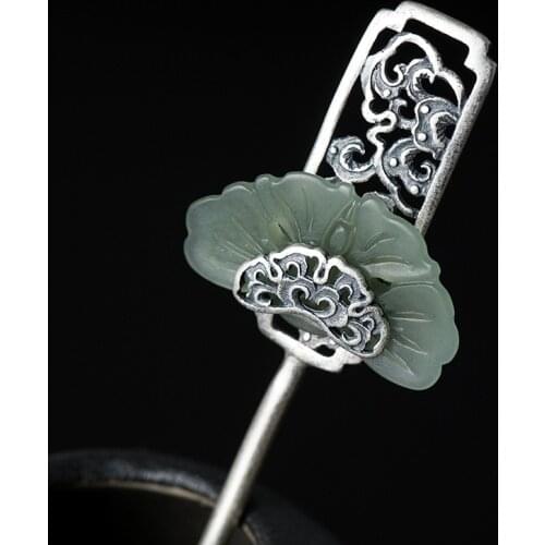 925 Sterling Silver Hair Pins for Women Geometric Green Wedding Accessories Bride Jewelry Hair Stick Traditional Chinese Hairpin