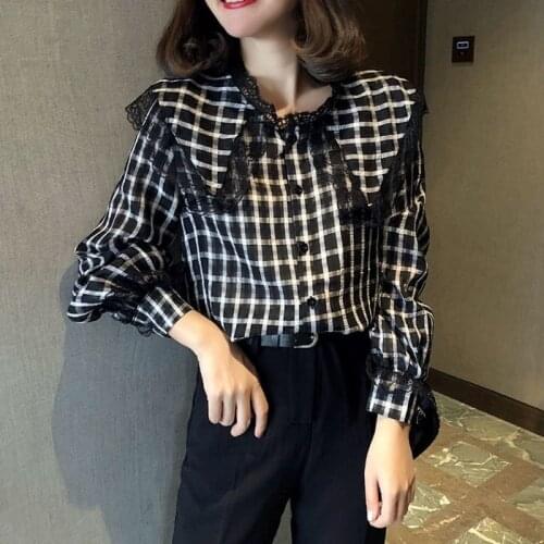 Womens Blouse Lace Plaid Chiffon Splicing Turn-down collar Long Sleeves Sweet Top Wholesale 2021 New Fashion Female Clothing