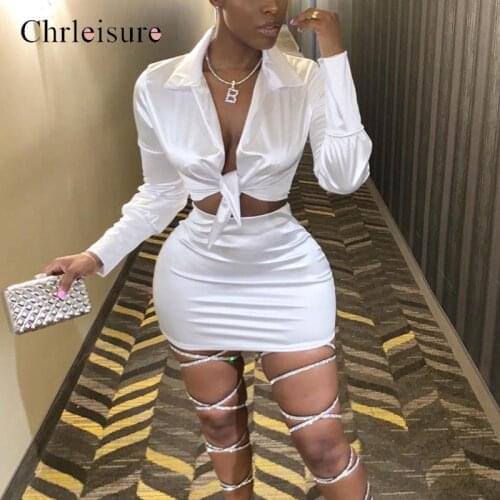 Women Two Piece Set Turn Down Collar Crop Top Solid Tops And Mini Dress Long Sleeved Knot Women Clothes Sexymatching Sets