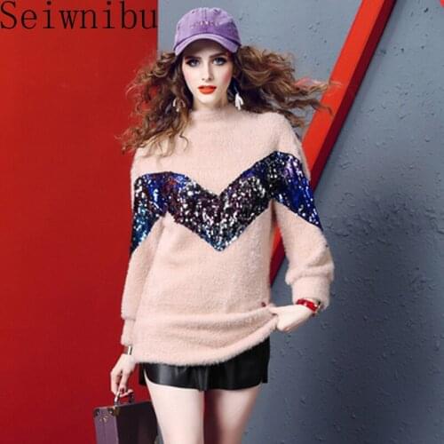 2020 New Womens Sweater Autumn And Winter New Fashion Half-high Collar Mohair Embroidery Sequins Lantern Sleeve Sweater