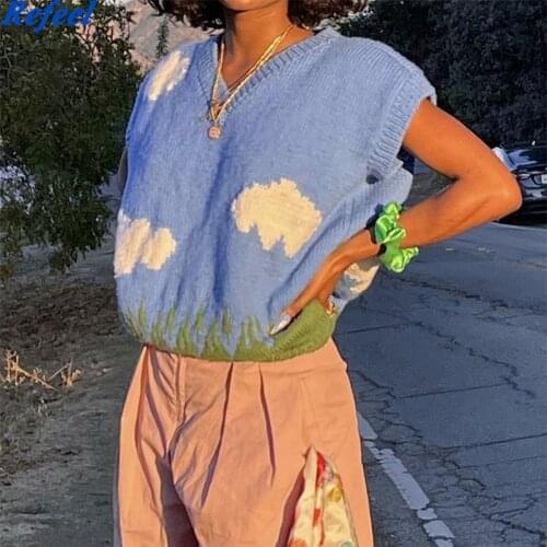 Spring women sweater vest blue cloud knitted v neck sleeveless cute pullover oversize lady grass sweet outwear