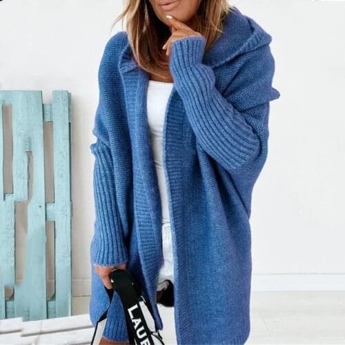 Womens Knitted Tops Cardigan Casual Female Hooded Soft Knitting Sweater Autumn Solid Batwing Sleeve Loose Winter Sweater Jumper