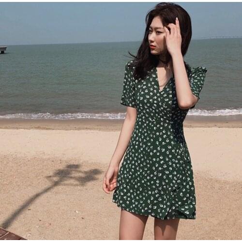 Womens Fashion Floral Print Dress Sexy V-Neck Short Sleeve Elegant A-Line Dress M-2XL Large size Dress