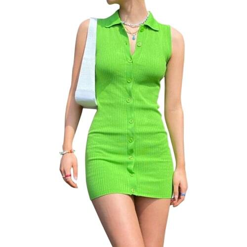 2021 New Female Dress Solid Color Turn-Down Collar Sleeveless Package Hip for Summer Green S/M/L