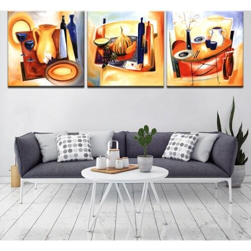 Abstract painting of desk wine glass modern Modular 3 panel wall Poster Nordic Canvas painting for Living Room Home Decor