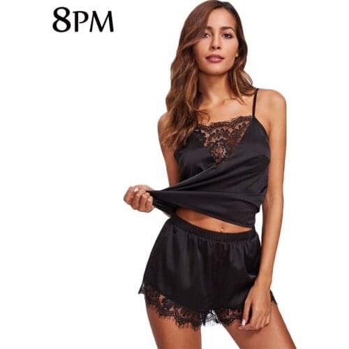 Satin Silk Pjs Sexy Summer Pajamas Sleepwear Women Spaghetti Strap Nightwear Lace Trim Cami Top Pajama Sets OUC3320