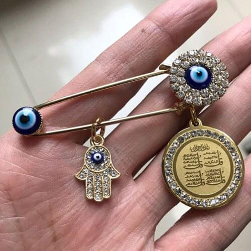 Hamsa hand of fatima four Qul suras Turkish evil eye Baby Pin Stainless steel brooch islam muslim jewelry