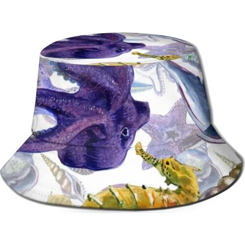 CINESSD Watercolor Seashell Underwater Creatures Bucket Hat Summer Hats Fisherman Hat Foldable Women Men Sunscreen Shade Caps