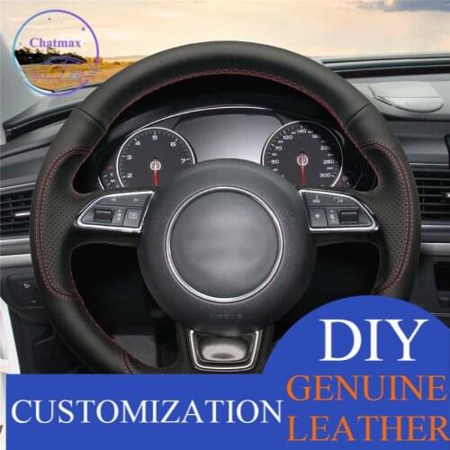 For Audi A1 A3 A5 car steering wheel cover black leather red thread DIY Custom Anti-slip fit all season comfort touching sense