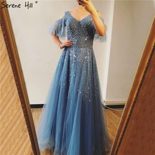 Dubai Design Blue V-Neck Sexy Prom Dresses 2020 A-Line Beading Sequined Sparkle Prom Gowns Real Photo BLA70075