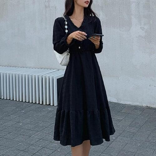 Elegant Long-sleeved Women Dress V Neck Solid Color Soft Ruffled Flounce Long Dress Fashion Accessory
