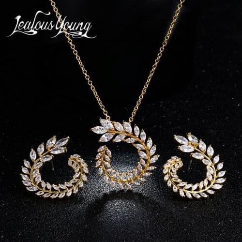 Elegant Luxury Olive Shape Earrings and Necklace Bridal Jewelry Sets For Women Small Pendant Gold Color Gold Jewelry Set
