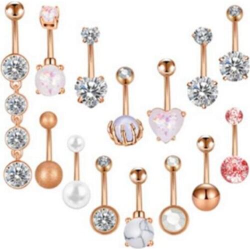 JINGLANG Styles Navel Belly Button Ring Double Round Cubic Zirconia 316L Surgical Steel Belly Piercing Body Jewelry 14Pice