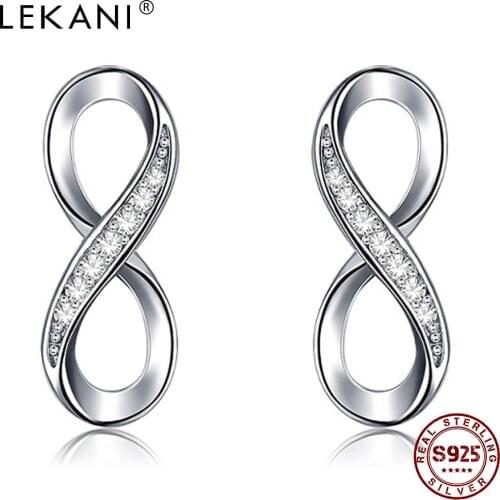 LEKANI Women 100% 925 Sterling Silver Stup Earrings White Geometric Zircon Romantic Fashion Gift For Girlfriend Fine Jewelry