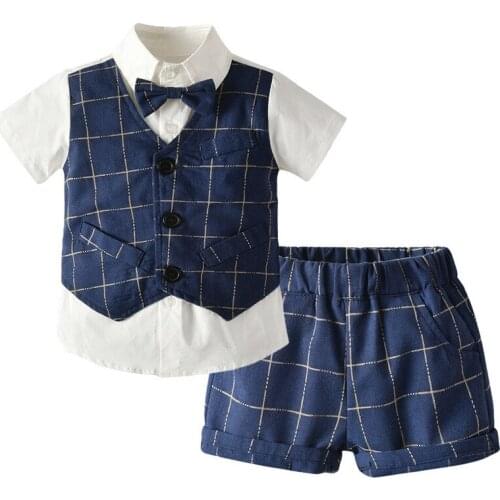 Summer Boy Clothing Suits White Shirt with Tie +Plaid Vest+shorts 3pcs Boy Suits Casual Outfits for Cool Boys Energetic Sets