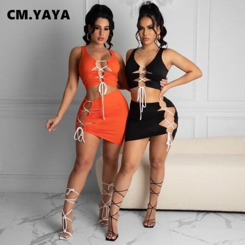 CM.YAYA Summer Lace Up Womens Set Sexy Club Crop Tops and Midi Mini Skirts Active Wear Tracksuit Two Piece Set Fitness Outfit