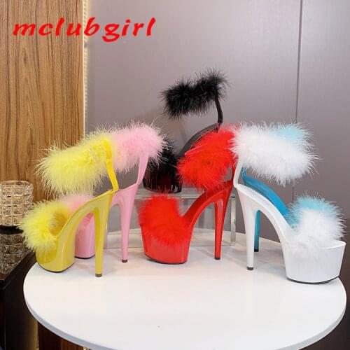 Mclubgirl Lacquered Pete High Heel Womens Shoes Sexy Waterproof Platform Shallow Mouth Model Stage Catwalk Women Sandals LFD