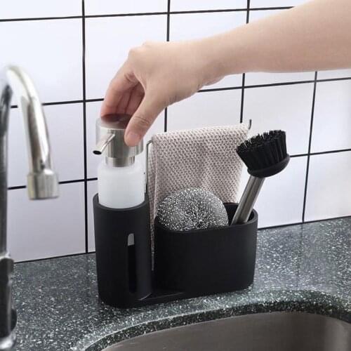 Multi-Function Kitchen Cleaning Kit Soap Dispenser Steel Ball Dishwashing Brush Rag Storage Holder Caddy for Sink Countertop