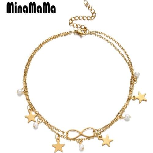 Multilayers Stainess Steel Thin Imitated Pearl Infinity Tassel Star Leg Chain Anklet For Woman Symbol Foot Chain Beach Jewelry