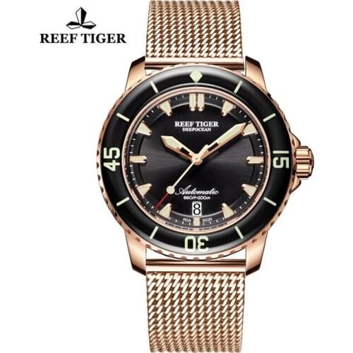 Reef Tiger/RT Men Designer Diver Mechanical Watch Luxury Rose Gold Automatic Watch Sapphire Crystal Luminous Sport Watch