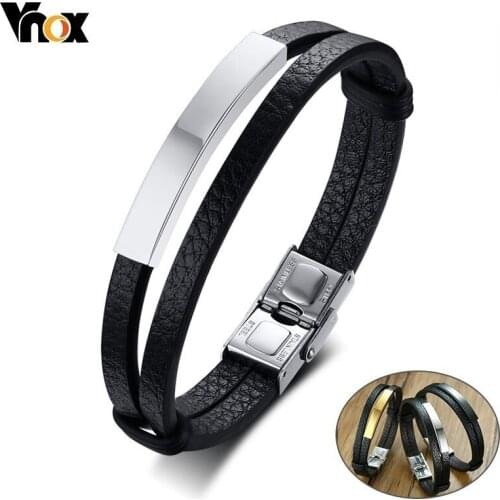 Vnox Mens ID Tag Bracelets Stylish Black Genuine Leather Double Layers Wrap pulsera masculina 8.26"