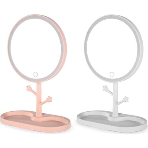 Q1FB LED Lighted Desktop Makeup Mirror with Base Hooks USB Rechargeable Portable Stepless Dimming Lamp Cosmetic Vanity Mirror