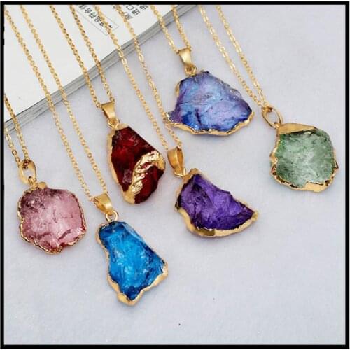 Wholesale 6pcs/lot Natural stone crystal irregular pendant rawstone gold necklace women necklace hand making gift jewelry
