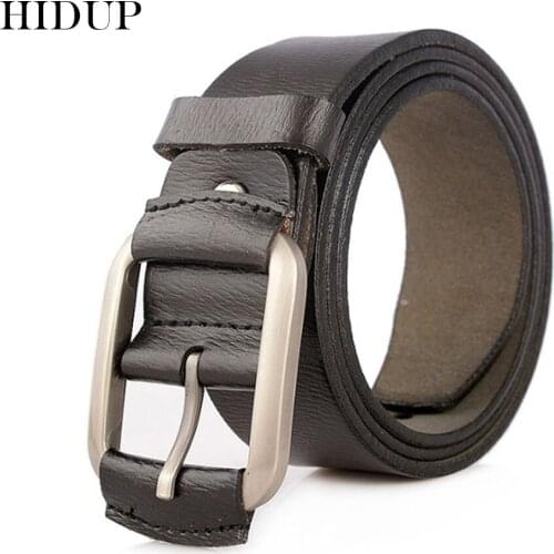 HIDUP New Design 100% Cowhide Black Cow Skin Leather Belts Cover Pin Buckle Metal Belt for Men Clothing Accessories 38mm NWJ840
