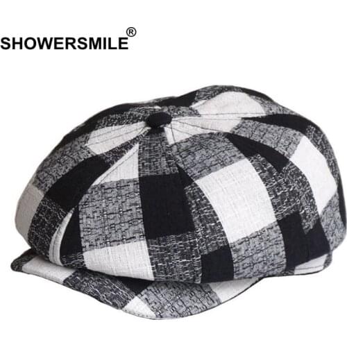 SHOWERSMILE Man Hat Summer Newsboy Cap Linen Cap Spring Flat Cap British Style Black White Plaid Vintage Male Octagonal Cap