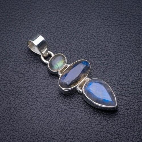 StarGems Natural Blue Fire Labradorite Handmade 925 Sterling Silver Pendant 1.75" D5325