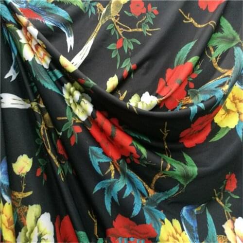 Spandex black rose flower bird print fabric for Latin dance suit swimwear DIYsewing fabric for gymnastic leotart 1Meter