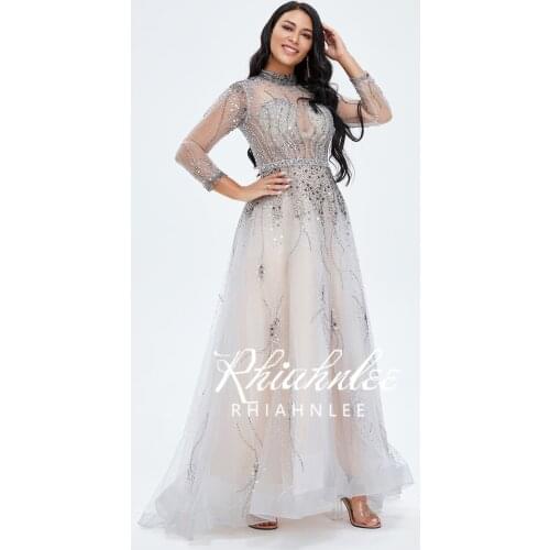 High Neck Dubai Evening Dresses Long Sleeve Gray Formal Dress A Line Sexy Evening Gowns Rhiahnlee