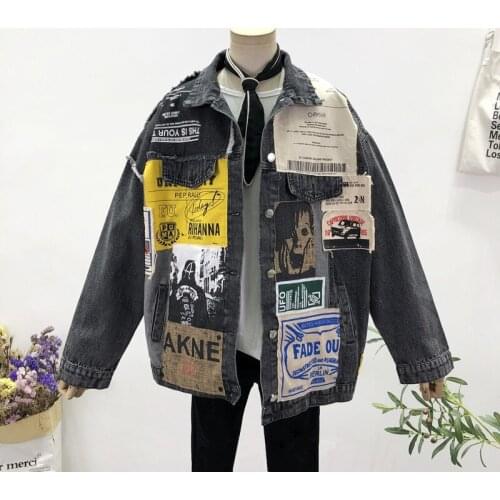 Fashion Irregular Patch Letter Printing Female Jeans Jacket Streetwear Spring Frayed Burrs Loose Oversized Casual Denim Jacket