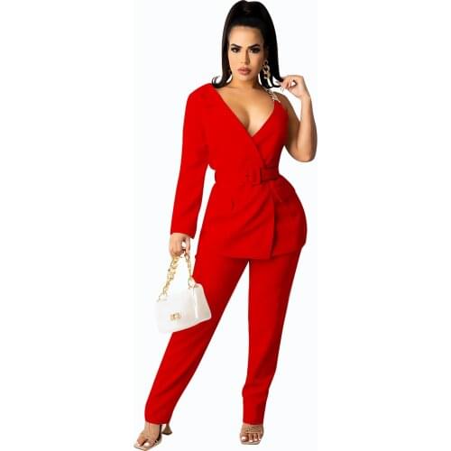 Women 2 Piece Blazer Work Suits V-Neck One Sleeve Button Jacket Top and Pant Sets Office Business Sets Clothes for Women