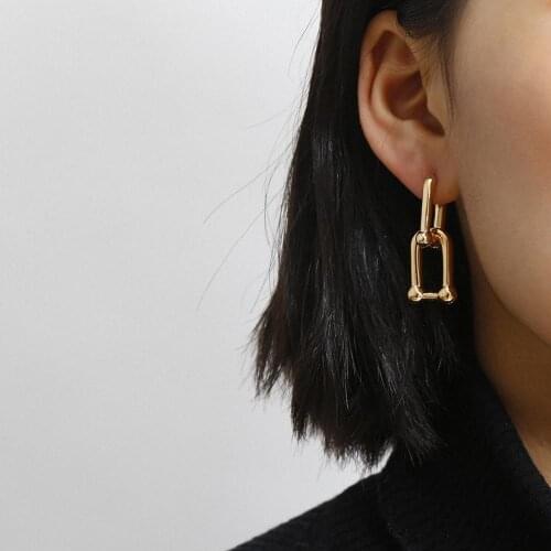 Flashbuy Thick Link U Shape Geometric Earrings Brass Gold Drop Earrings for Women Splice Chic Stylish Earrings Celebrity Jewelry