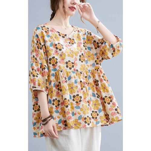 Sweet Floral Printed Women Tops Blouses Half Sleeve Loose Doll Shirts Loose Pleated Casual Button Cotton Linen Blusas Mujer New