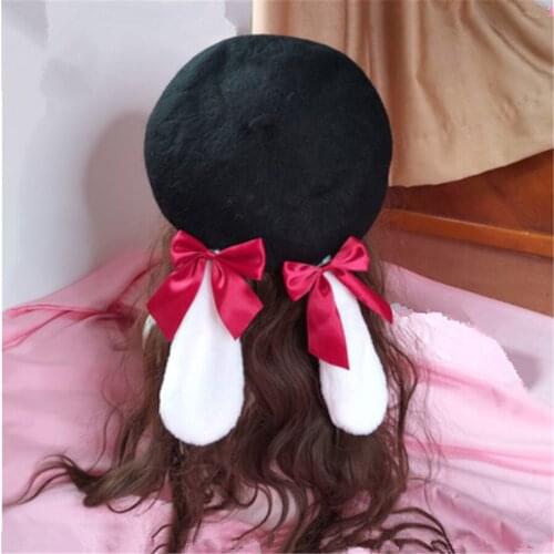 Handmade Bowknot Rabbit Ear Beret Hat Lolita Retro Painter Hat Flat Cap Women Autumn Winter Warm Cap D514