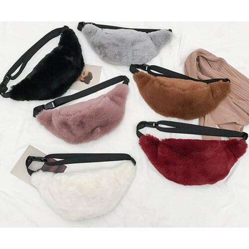 6PCS / LOT Winter Hot Sale Waist Bag Chest Shoulder Bags Faux Fur Warm Women Waist Pack Girls Bum Bag Black White Pink Camel