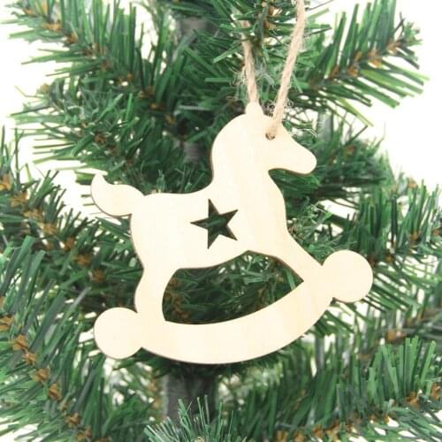 10PCS Hanging Wooden Christmas Tree Decorations Ornaments Unfinished Wood Rocking Horse Cutouts Shapes Wooden Slices