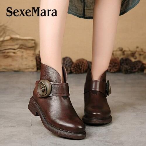 2018 Genuine Leather Women Boots Retro Solid Flower Ankle Boots Platforms Square Heel Vintage Ladies Round Toe Shoes Size 35 40
