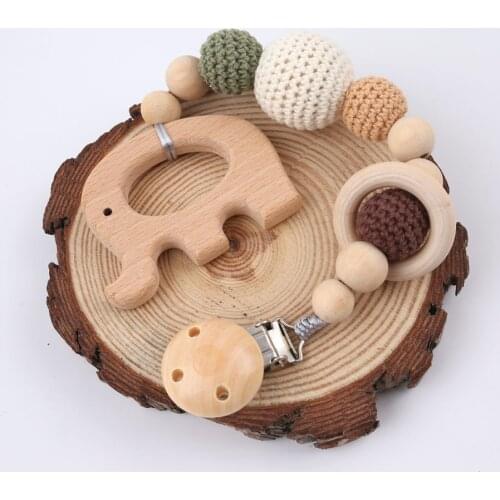1PC Baby Wooden Teether Pacifier Clip Chain Elephant Pendant Crochet Beads Rodent Soother Clip Baby Shower Gift For Kids Toys