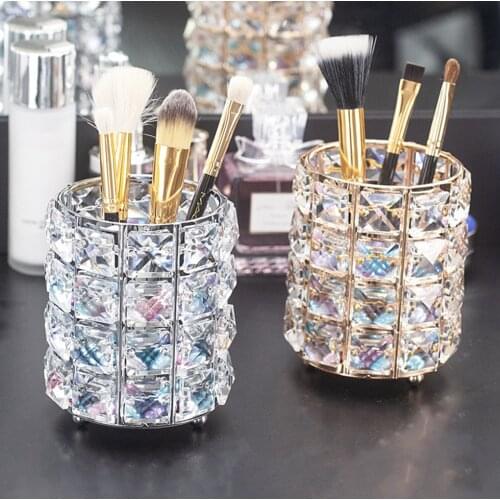 Makeup Brushes Holder Pot Crystal Bling Organiser Golden Cosmetic Brush Pen Pencil Holder Candle Holder Storage Box Container