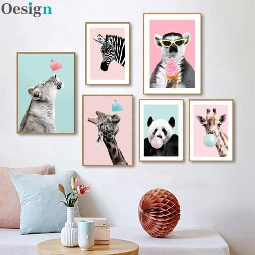 Baby Nursery Wall Art Cute Cartoon Animal Pictures Bubblegum Giraffe Panda Posters Zeabra Canvas Painting For Kid Bedroom Decor