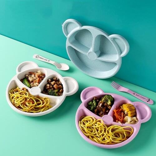 Wheat Straw Childrens Grid Plate Kindergarten Student Tableware Cartoon Bear Dinner Lunch Plate Spoon Fork Set