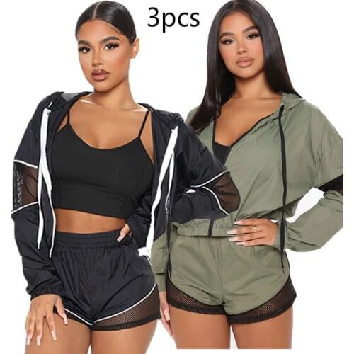 Women Sports Hoodie Jacket Three Piece Set Patchwork Hollow Shorts Running Sportwear Suits Plus Size 3xl 128
