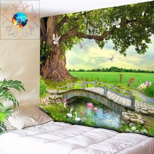 Ancient Tree 3D Tapestry Wall Hanging Boho Decor Lotus Flower Psychedelic Tapestry LivingRoom Wall Cloth American Pastoral Style