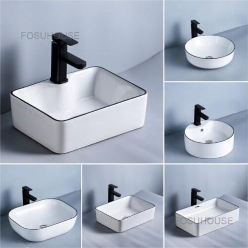 Nordic Ceramic Bathroom Sink Balcony Wash Basin Pool Black Edge Art Basin Small Size Household WashBasin